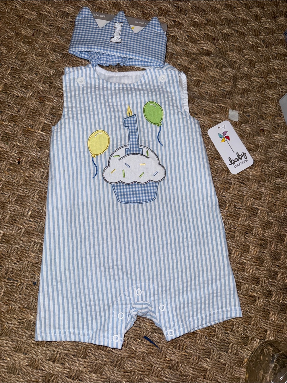 Baby Starters Blue & White Striped First Birthday Romper with Cupcake Appliqué